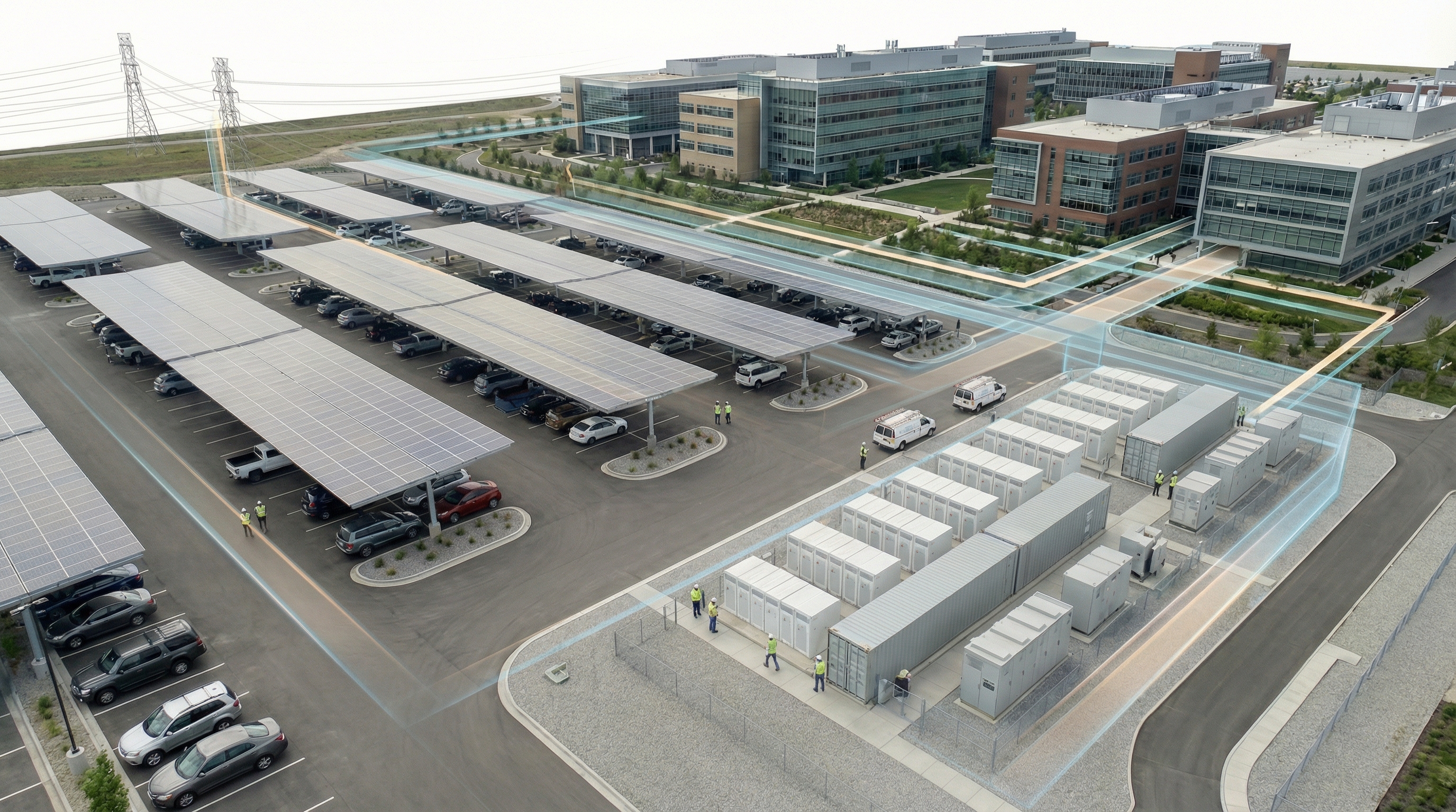 Solar-powered parking canopy and battery energy storage at a modern campus